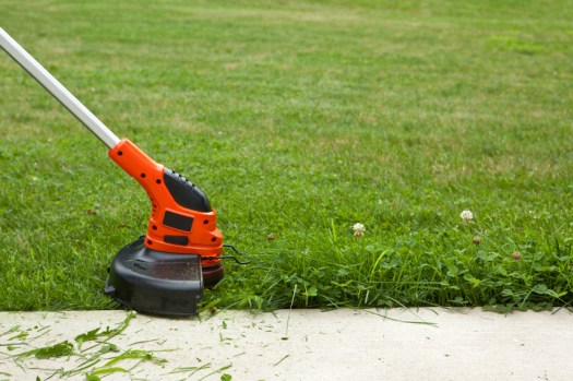 Close-up of a string weed trimmer trimming the grass along a concrete sidewalk.